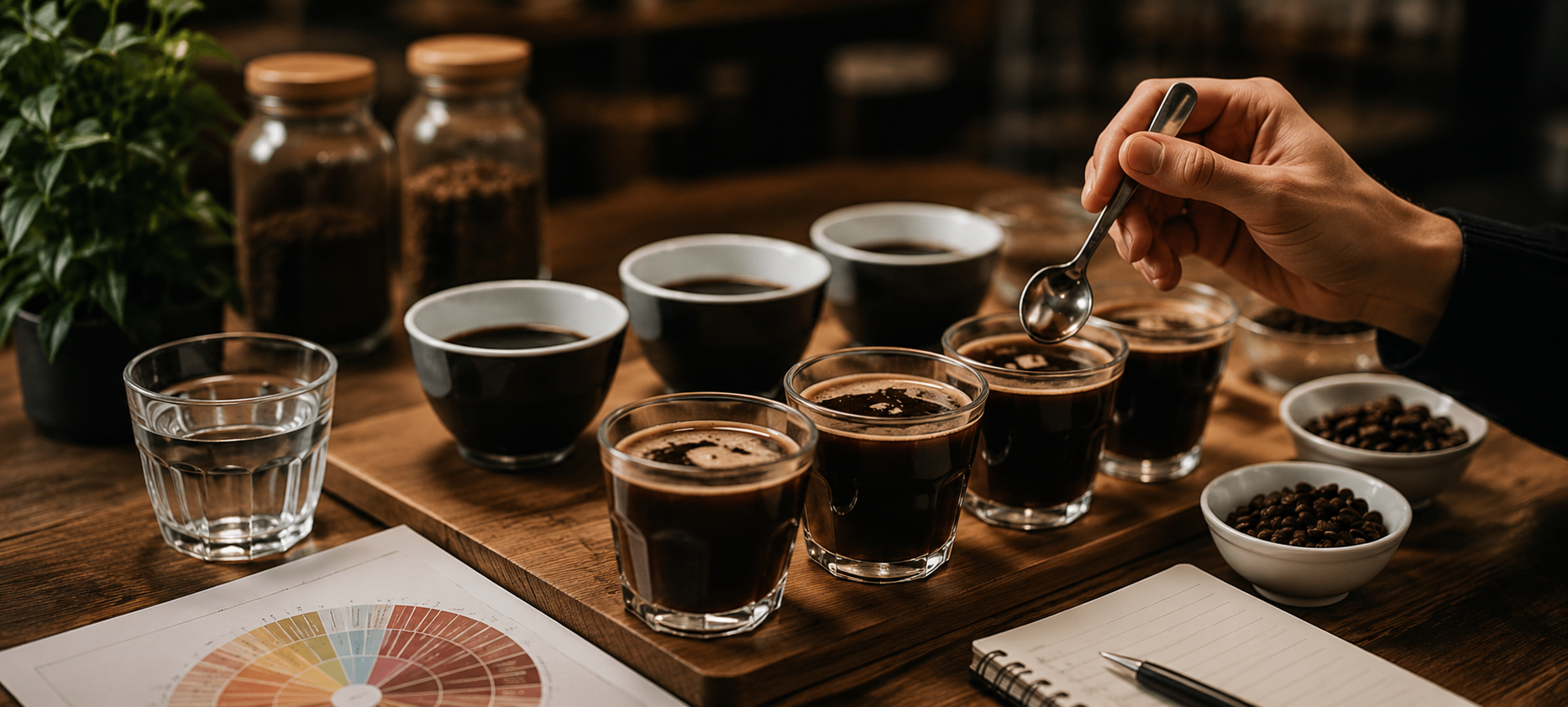 Vier Gläser mit Kaffee und eine Hand mit einem Löffel, die ein Glas umrührt