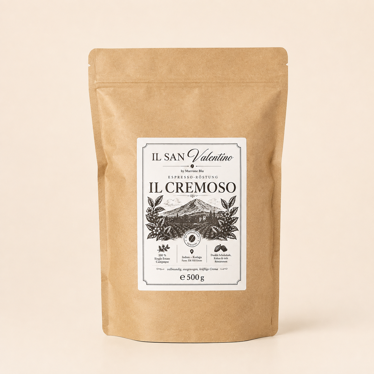500 Gramm Tüte der Il Cremoso Kaffeeröstung von Marrone Blu
