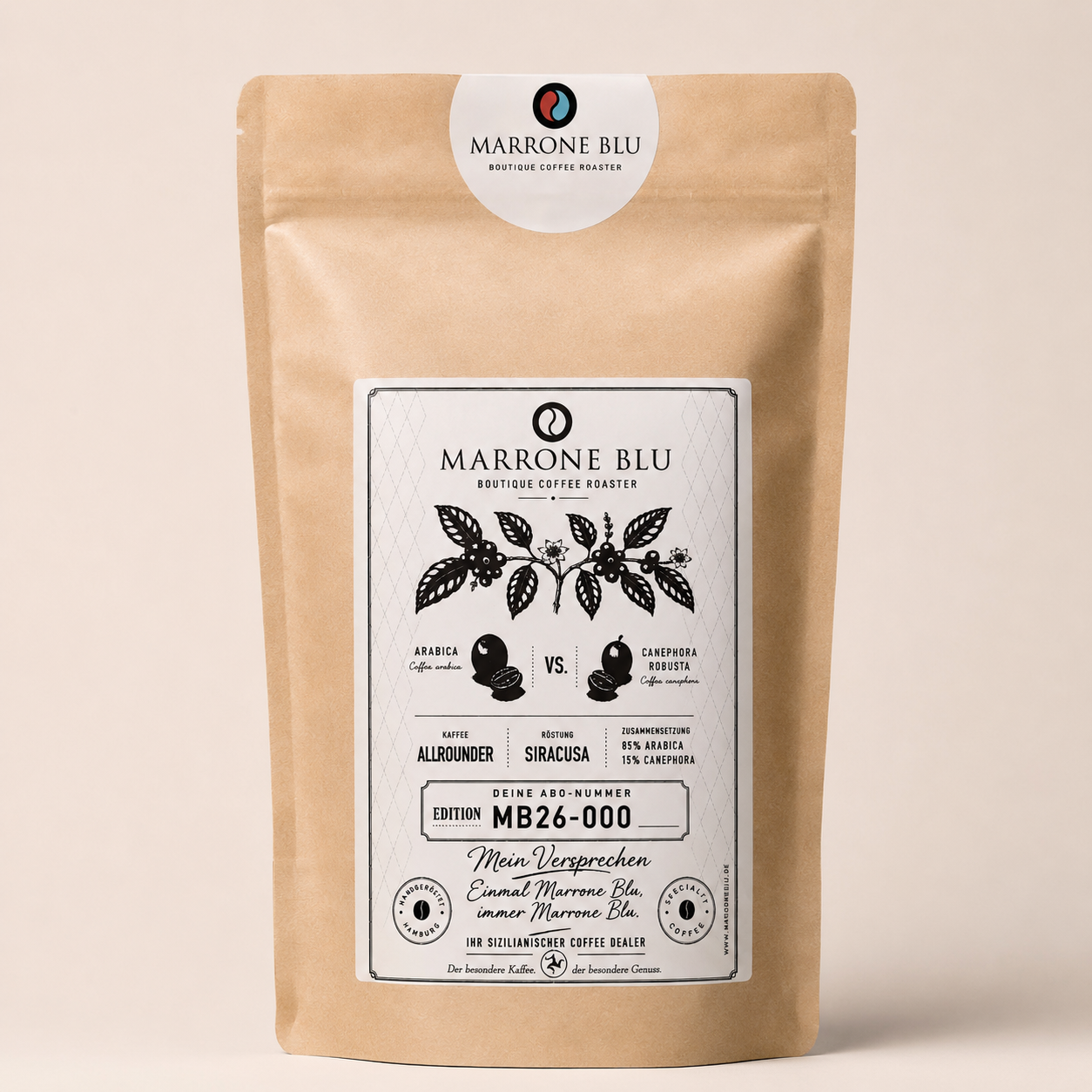 1000 Gramm Packung der Allrounder Kaffeeröstung Siracusa von Marrone Blu
